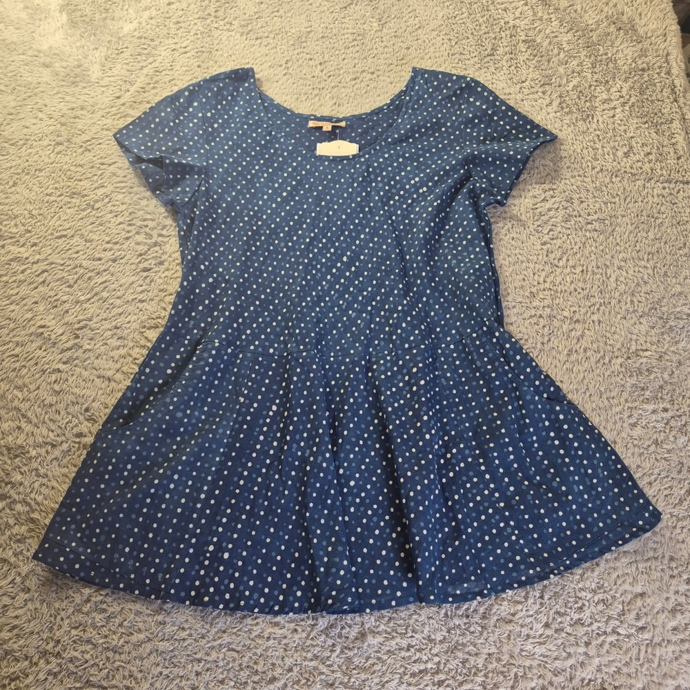 Trade Cloth Peplum Top PT-2 Womens Small Indigo Dot Short Sleeve Cotton Blouse